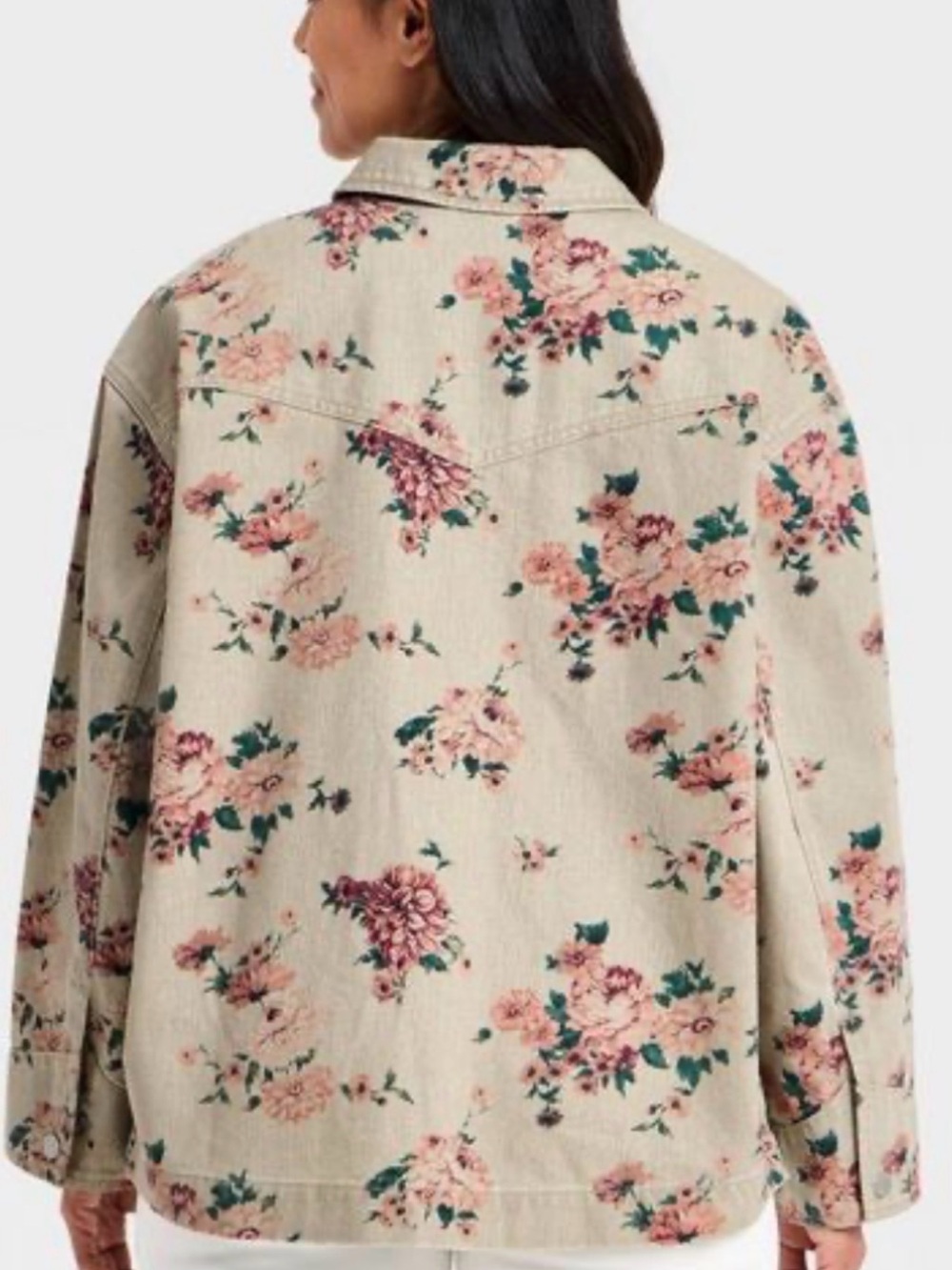 Floral Beige Jean Jacket with Pink Blossoms. 
Slightly oversized. Great for fall - Picture 2 of 11